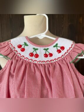 Girls Edgehill Collections Red Gingham Cherry Smocked Dress Newborn